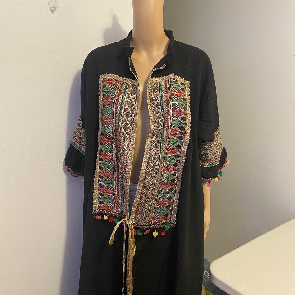 Vintage 90s Egyptian Kimono Full Length Cardigan Blink Embroidery Black Boho 2X - Picture 8 of 11